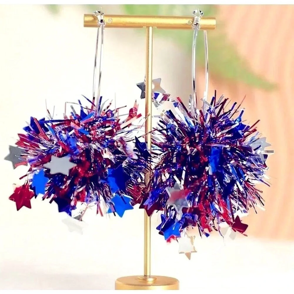 Red, Silver and Blue Tinsel Hoop Earrings